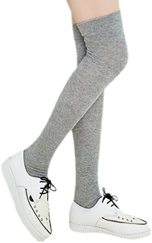 Hwafan Women Girls Solid Color Cotton Plain Over The Knee High Tight Long Stocking Tube Sock Light Gray