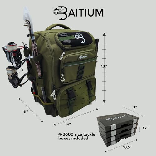 Baitium Fishing Backpack, Tackle Bag With Rod Holders, 40L Capacity With Cooler, Rain Cover, Insulated Pocket, 4 Tackle Trays Included (Green)