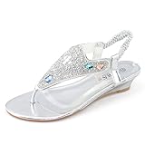 SHOEZY Women's Wedding Wedge Sandals Thong Slingback Jewels Embellished Overlay Silver US 9.5
