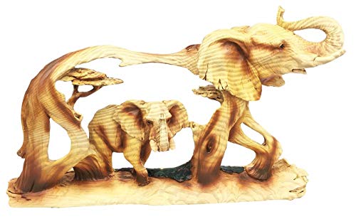 Faux Wood Resin Noble Majestic African Safari Elephant Wildlife Scene Figurine