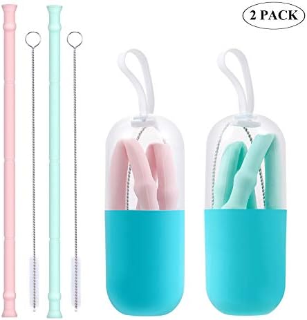 Galinpo Collapsible Straw Keychain - 2 Pack Portable Reusable Silicone Drinking Straws BPA Free and FDA Approved with Travel Case Cleaning Brush for Cold Beverage, Coffee and Smoothie (Blue/Pink)