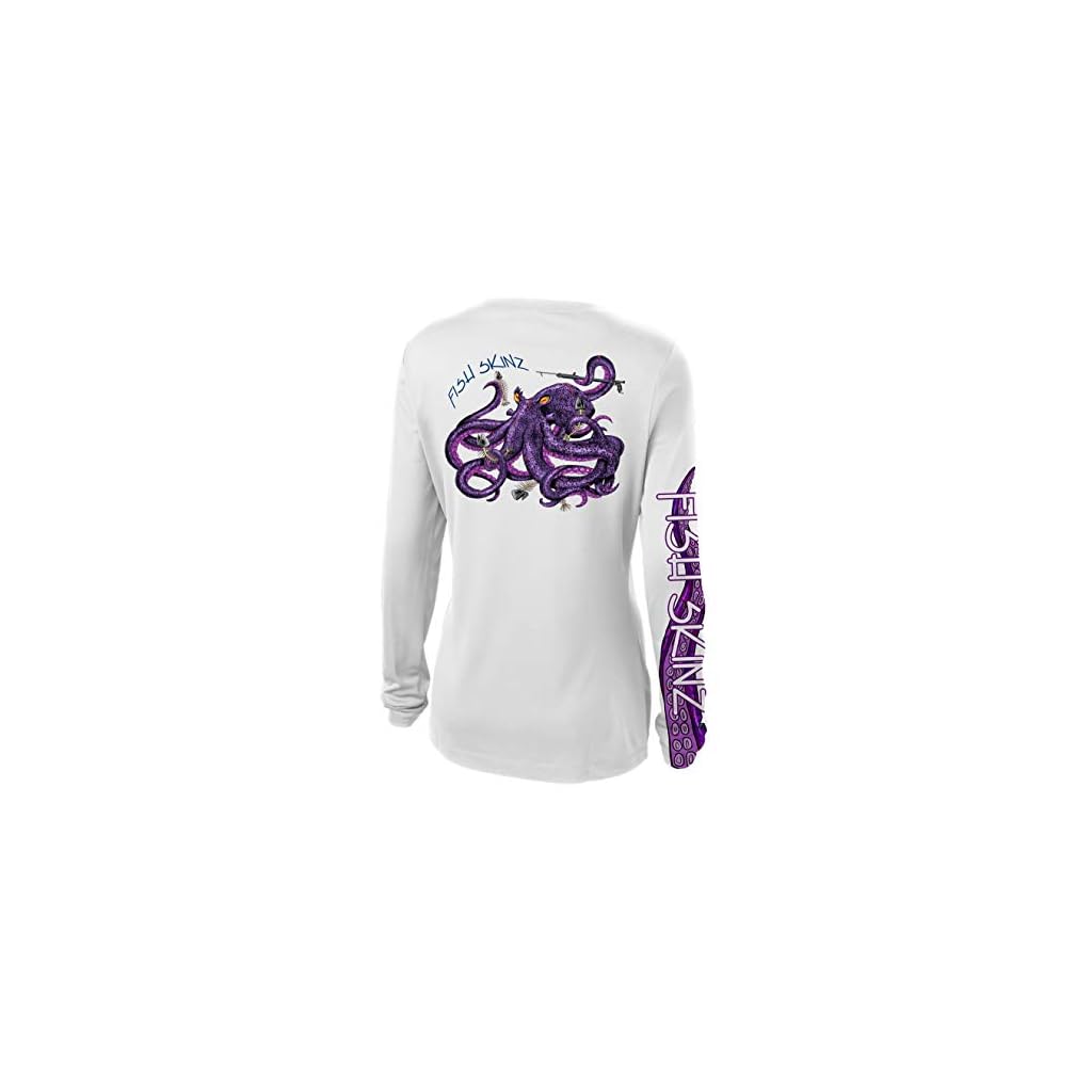 Fish Skinz Womens Performance Fishing Shirt UPF 50+ Protection, Octopus, White Fishing Shirts Now
