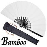 OMyTea Bamboo Large Rave Folding Hand Fan for Men/Women - Chinese Japanese Kung Fu Tai Chi Handheld Fan with Fabric Case - for Performance, Decorations, Dancing, Festival, Gift (Black & White)