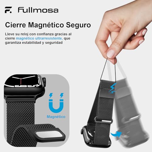 Fullmosa Correa Magnética Para Apple Watch 40mm 44mm 46mm 45mm 42mm 49mm 41mm 38mm,Pulsera Repuesto de Acero Inoxidable Milanese Loop para iWatch Ultra SE 3/2/1 Series 11 10 9 8 7 6 5 4 3 2 1,Negro