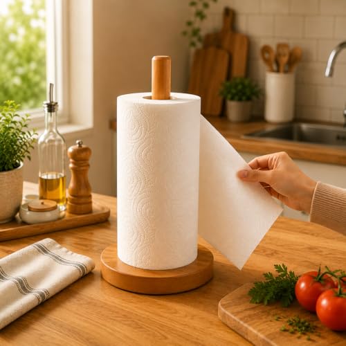 Suporte Porta Papel Toalha de Bambu Natural Cozinha Vertical 28cm - Premium