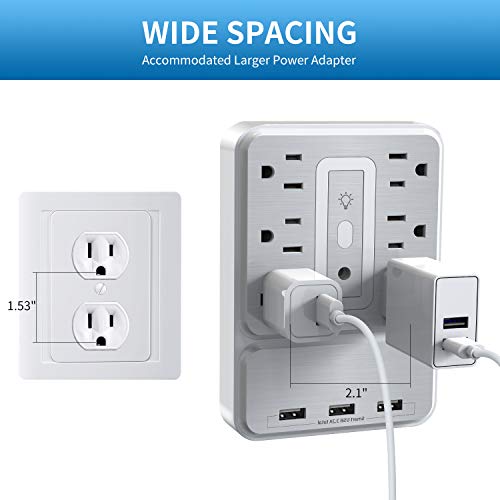 USB Wall Outlet Adapter 1700 Joules Surge Protector with 6-Outlet Extender,3 Fast USB Charging Ports(3.2A Total) & Smart Night Light,Multi-Function Power Strip for Home Kitchen Bathroom