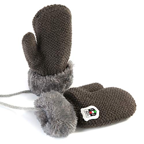 Winter Warm Baby Gloves Mittens - Infant Toddler Kids Knit Plush Lined Gloves Mittens with String for Baby Girls Boys 6 Months - 5 Years (Grey)