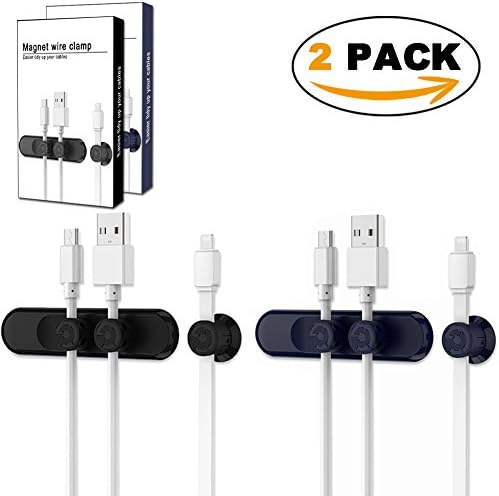 Magnetic Cable Clips, Desktop Cord Management, Cable Organizer, Multipurpose Wire Holder with 3 Cable Buckles and 2 Bases for Charging Cables, USB Cords, Headphones Wires, Car (2Pack, Black+Blue)