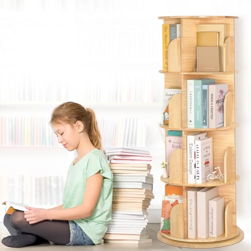 OOOK Solid Wood Rotating Bookcase, 360 Degree Rotating Bookcase with 4 Tiers, Multifunctional Narrow Wood Adult Bookcase, Storage Cabinet for Living Room