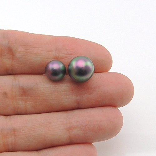 10mm Simulated Shell Pearl Earrings on Stainless Steel Posts, Black AB finish - Thumbnail 6