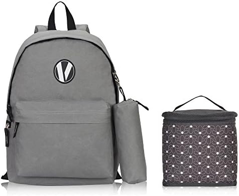 Veegul Cute School Backpack Small Printed Backpack 3 Pc Set Lunch Bag Pencil Case for Kids Gray