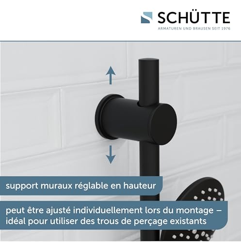 RAVEN Barre de Douche et Douchette à Main, Pommeau Avec 3 Positions de Réglage, Kit Avec Colonne, Panneau et Tuyau en Noir