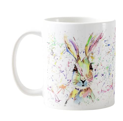 Vixar Hare Bunny Rabbit Watercolour Rainbow Art Coloured Mug Cup, Gift, Birthday, Work, Office, Christmas Tea Coffee (White)