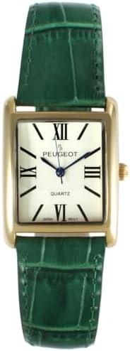 peugeot women's 14k gold plated tank leather dress watch Peugeot Women's Tank Watch Roman Dial Brown Smooth Leather Strap