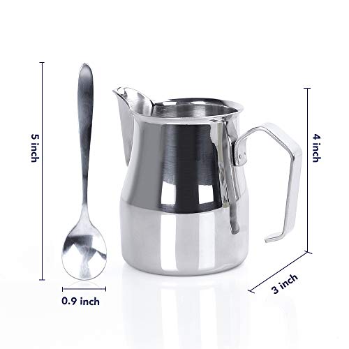 Ostrichy Milk Frother Pitcher, Stainless Frothing Pitcher, Milk Frothing Pitcher 12 oz, Frothing Pitcher with Coffee Spoon - Milk Frothing Pitcher Perfect for Cappuccino, Milk Frother, Latte Art