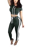 ChongErfei Women's Sexy Bodycon Round Neck Hoody Pants 2-Piece Jumpsuit Sportswear (Small, Dark green)