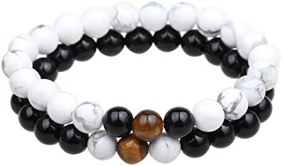 Distance Bracelets Yin Yang Balance  for Lovers-2pcs Black Matte Agate &amp; White Howlite 8mm Beads by TSk