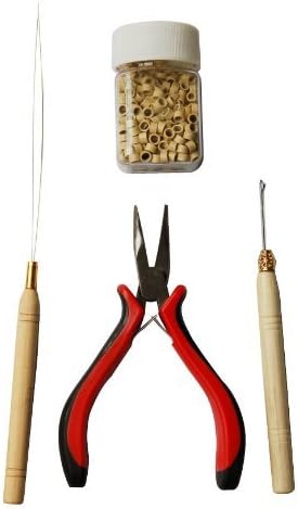 4pcs Bundles Feather Hair Extension Tools Set Plier Micro Pulling Needle Loop Threader + 500pcs Blonde Silicone Lined Micro Rings Beads