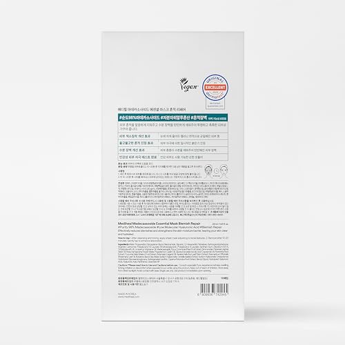 MEDIHEAL Essential Face Mask [Madecassoside] Blemish Repair 10 pcs. with 98% Purity Madecassoside & Hyaluronic Acid - Soothing Care, Hydrating- Travel Essentials, Vegan Formula Korean Sheet Mask