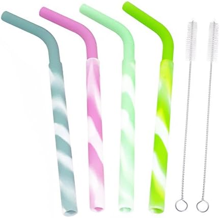 GFDesign Silicone Drinking Straws Set Reusable Soft Safe Food-Grade Silicone Adults and Kids for Smoothies and Shakes Heat Resistant for Coffee and Tea - Extra Wide - Set of 4 with 2 Cleaning Brushes
