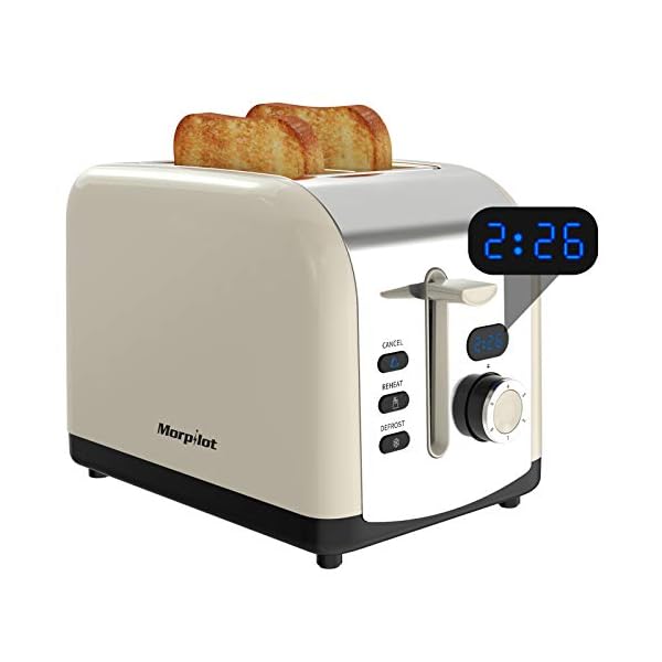 2-Slice-Toaster-Morpilot-Toaster-with-2-Wide-Stainless-Steel-Slot-and-LED-Display Toaster 2 Slice, Morpilot Stainless Steel Retro Toaster with Timer, Wide Slot, Defrost/Reheat/Cancel Fuction, Removable…