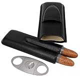 AMANCY 3- Tube Decent Blue Leather Cigar Case, Cedar Wood Lined Cigar Humidor with Silver Stainless Steel Cutter
