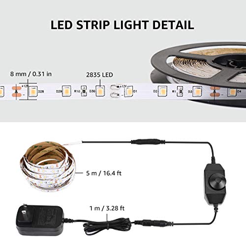 LE 16.4ft Dimmable Strip Kit with 12V Power Supply, 300 SMD 2835 Non-Waterproof LED Tape, Flexible Rope Light for Home, Kitchen, Under Cabinet, Bedroom, Warm White, 1 Pack Adapter - Thumbnail 2