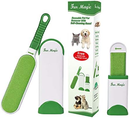 Fur Magic Pet Hair Remover Lint Brush With Self-Cleaning Base, Improved Handle, Double-sided Fur Brush with Travel Size Brush for Dog and Cat, Green