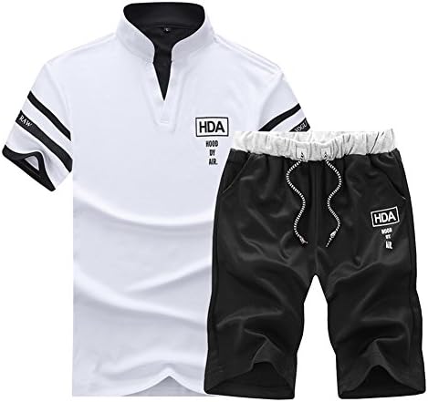 Mens 2 Pieces Polo Shirt and Shorts Standing Collar Short Sleeve Tracksuit Joggers Sport T Shirt Sets
