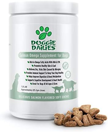 Doggie Dailies Omega 3 for Dogs, 225 Soft Chews, Salmon Oil for Dogs with Apple Cider Vinegar, Bee Pollen, Kelp, Zinc & Biotin – for Healthy Skin & Coat, Immune System & Seasonal Allergy Support
