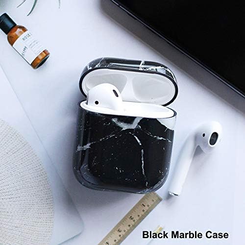 MK Marble AirPods Case Accessories Shockproof Protective Cover Hard Shell and Skin Compatible with Apple Airpods 1 & AirPods 2 Charging Case (Black Texture)