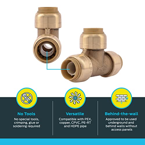 SharkBite 1/2 Inch Tee, Push to Connect Brass Plumbing Fitting, PEX Pipe, Copper, CPVC, PERT