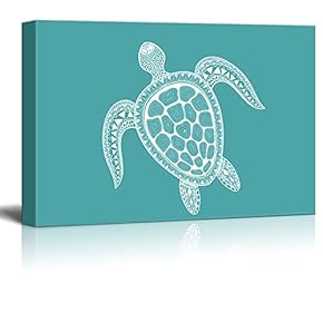Canvas Wll Art - Turtle with Beautiful Pattern on The Shell on Teal Background - Giclee Print and Stretched Gallery Wrap | Modern Home Art Ready to Hang - 12"x18"