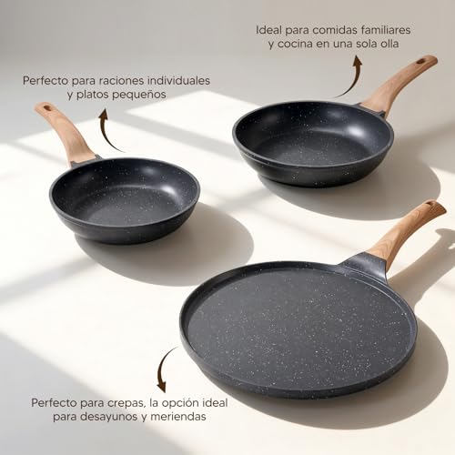 OSLIFE Juego de Sartenes Antiadherentes Granito, 3 Piezas: Sartén Pequeño 21 cm, Sartén Grande 25 cm y Sartén para Crepas 30 cm, Saludable, Apto para Gas, Inducción y Eléctrica, crepera，Libre de PFOA