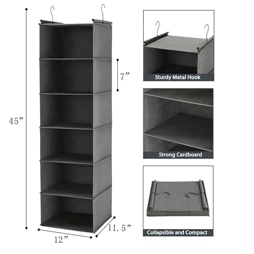 MAX Houser 6 Tier Shelf Hanging Closet Organizer, Closet Hanging Shelf with 2 Sturdy Hooks for Storage, Foldable (Grey)