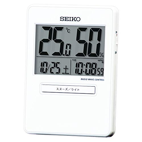 セイコークロック 置き時計 目覚まし時計 電波 デジタル カレンダー 温度湿度表示 白 本体サイズ:9.2×6.6×1.4cm SQ797W商品画像