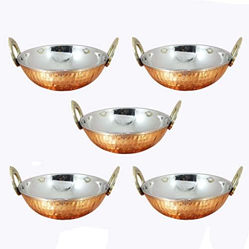 Indian Handmade Ayurveda Healing Pure Copper Dinnerware Vegetable Cooking Karahi Serving Bowls Hand Hammered Kadahi With Brass Handle