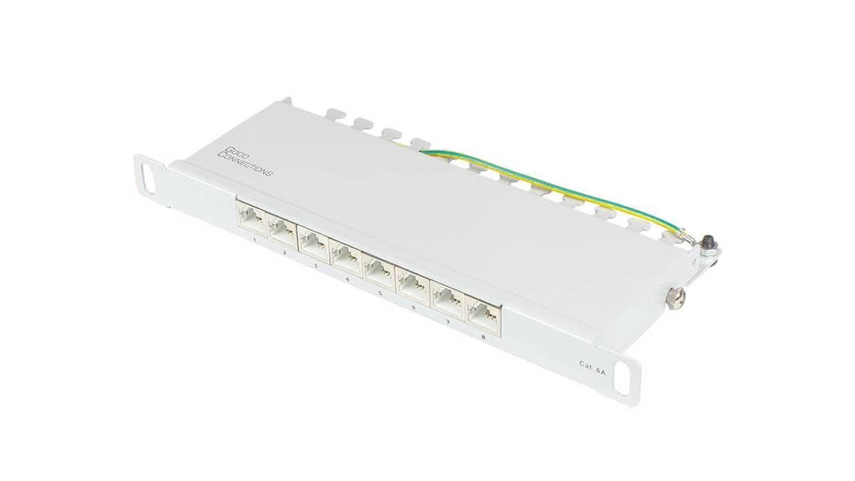 Good Connections® Patch Panel / Patch Panel - 10" - Server Mounting / Rack Mounting - Cat. 6A, 500 MHz - 10-GIGABIT Compatible - 8-Port - 0.5U - STP Shielded - Tool Opening - Light Grey (RAL7035)
