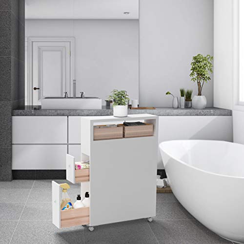 Tangkula Slim Bathroom Storage Cabinet with Wheels, Narrow Rolling ...