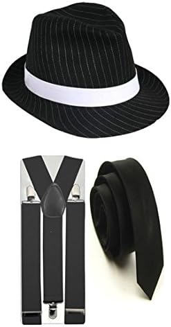 PINSTRIPE GANGSTER HAT TIE BRACES 1920'S TRILBY FEDORA PARTY FANCY DRESS COSTUME (3 PC Black Full Costume)