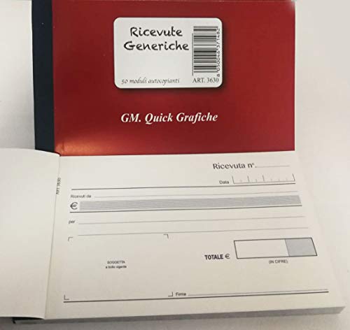 5 BLOCCHETTI RICEVUTE GENERICHE + PENNA TOUCH OMAGGIO - 50 FOGLI 2 COPIE - AUTOCOPIANTI 10X17 CM - QUICK GRAFICHE