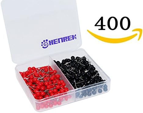 HENREK 400pcs Map Tacks Push Pins, 3/5-Inch Shining Plastic Sphere Head with Stainless Steel Point, 2 Assorted Colors (Black & Red)