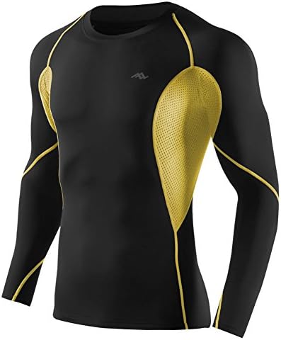 PASSWIN Men's Quick Dry Breathable Cycling Sportswear Compression Long Sleeve Shirts 3XL Black&amp;Yellow
