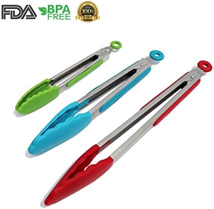 Kitchen Tongs, Amazlab Stainless Steel Food Tongs with Silicon Tips, Cooking Turning Tongs with Locking Design for BBQ Grilling Salad Bake Roast Steak Serving, FDA Approved and BPA Free, Set of 3(12 inch, 9 inch, 7 inch)-Red, Blue and Green