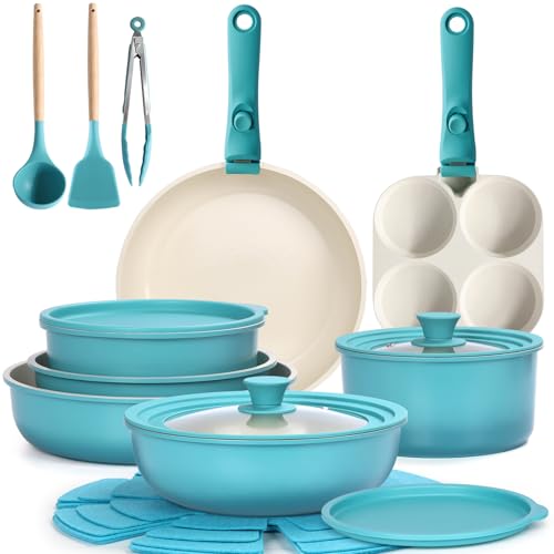GiPP 21 Piece Non-Stick Frying Pan Set with Removable Handles, Blue | Suitable for Induction, Gas,Ceramic,Electric,Aluminium,Healthy Kitchen for Motorhomes,Toxin Free,Oven/Dishwasher Compatible