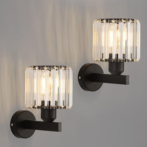 ANWIO Interior Glass Wall Sconce, Black Bedroom Wall Lamp, E27 Wall Lamp, Modern Hallway Sconces for Bedroom, Bedside, Living Room, Staircase (2U, No Bulbs)
