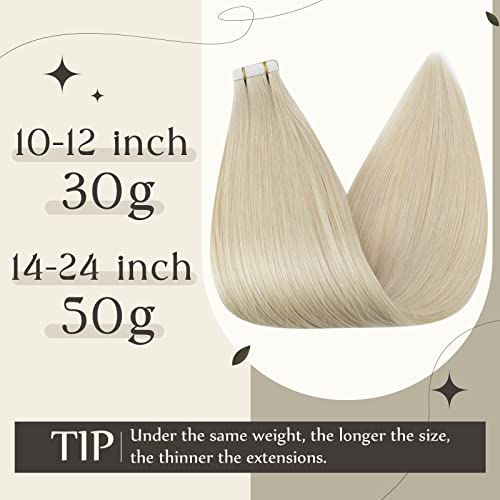 Full Shine Fashion Tape Hair Extensions Real Human Hair Couture Short 12 Inch Color 60 Platinum Blonde Tape in Remy Extensions 20 Pieces 30G Full Thick Ends Hair Piece for Invisible Tape Extensions