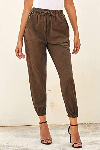 NEWFANGLE Women\'s Linen Casual Pants Drawstring Elastic Waist with Pockets Solid Comfy Loose Fit Trousers,Brown,XXL