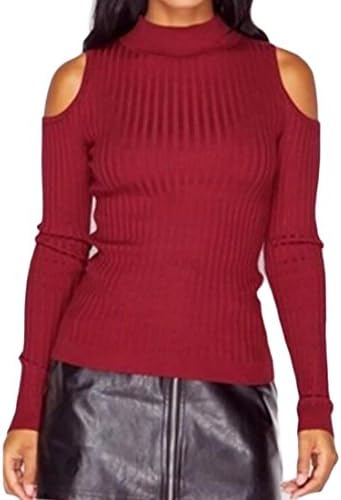JXG Women's Sexy Cold Shoulder Turtleneck Warm Long Sleeve Pullover Knit Sweater Wine Red US S