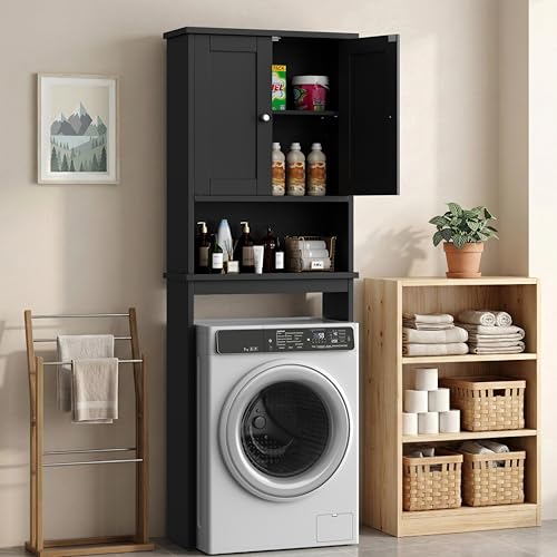 Shintenchi Over the Toilet Storage Cabinet, Bathroom Shelf Organizer with Anti-Tip Device Small Freestanding Space Saver with Adjustable Shelf, Black